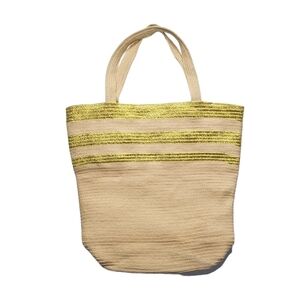 Straw Tote Beach Bag Gold Stripes Lined Pocket Magnetic Snap Closure